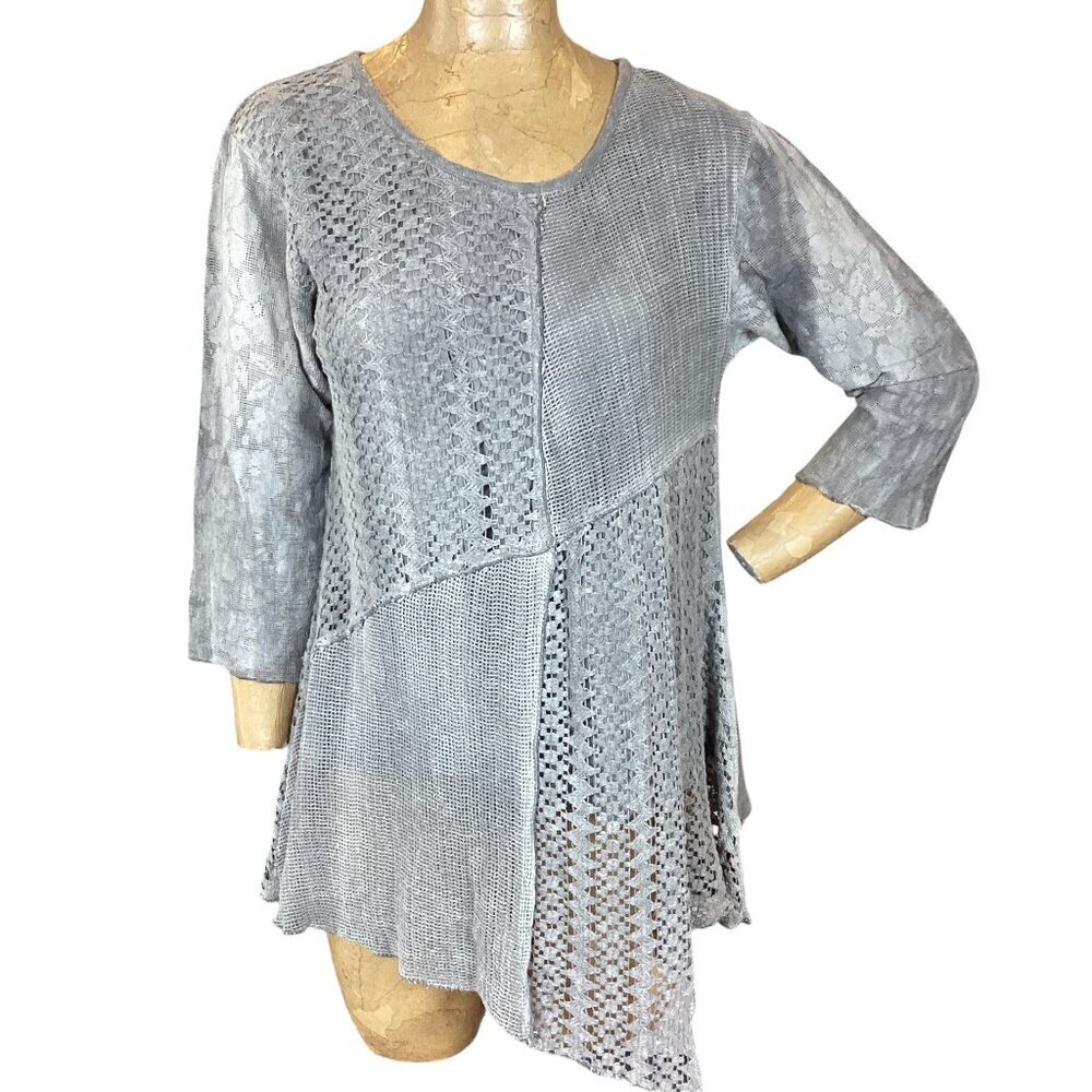 Fashion Fuse Mixed Media Asymmetric Tunic Top Sz L‎ Gray 312i